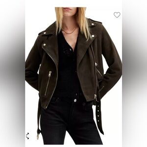 ALL SAINTS SUEDE BALFERN BIKER JACKET IN TARMIC GREEN SIZE 0